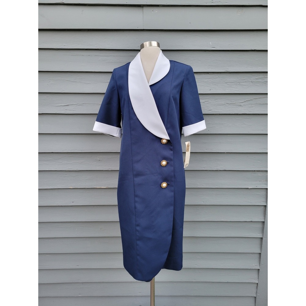 Vintage 80s Preppy Gilberti Dress‎ Navy Blue White Shawl Collar Button Front 14